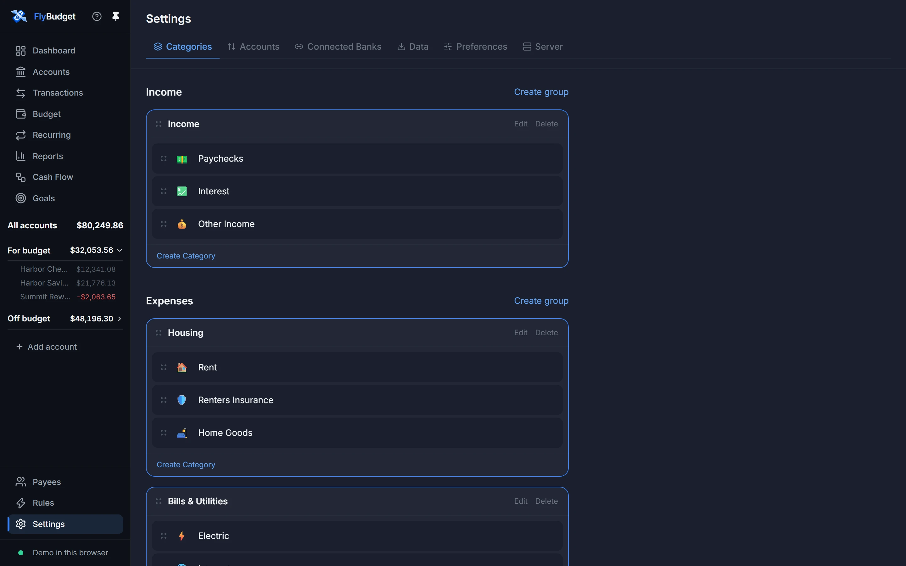 Settings: Categories
