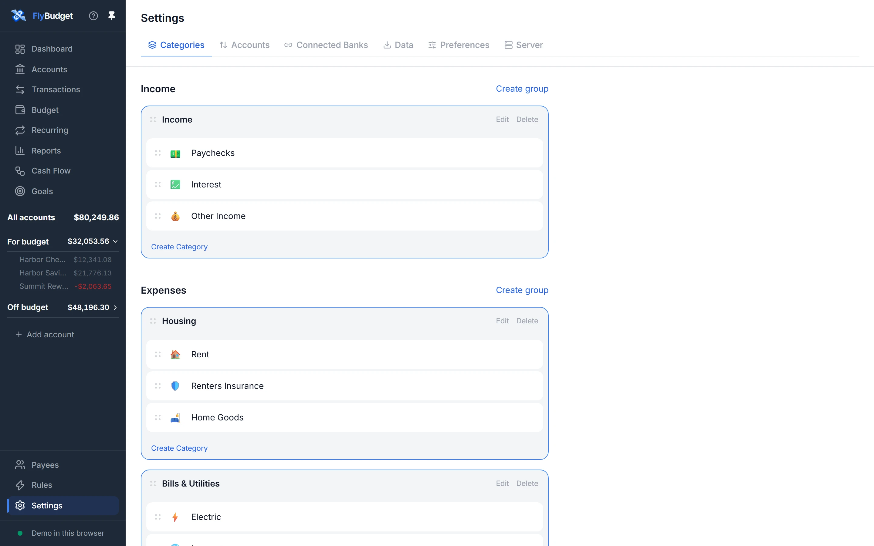 Settings: Categories